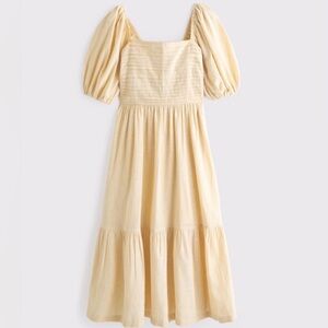 Abercrombie & Fitch Emerson Linen-Blend Puff Sleeve Midi Dress Yellow Size L